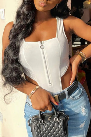 White Casual U Neck Top