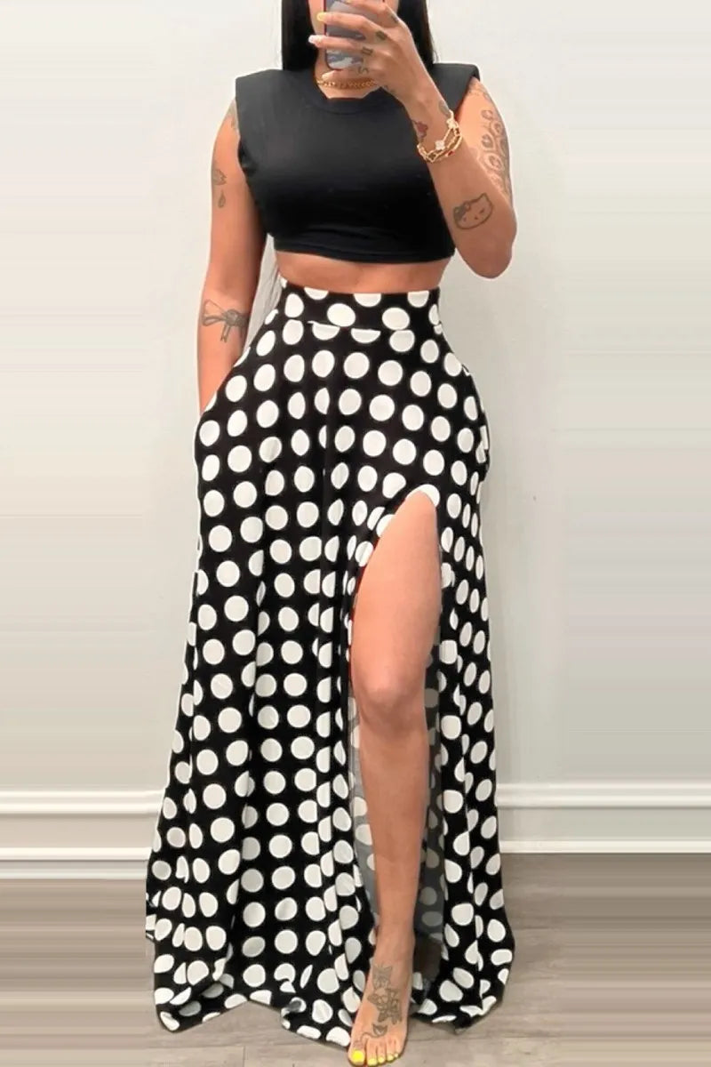 Black Dot w/ Slit High Waist  Skirt