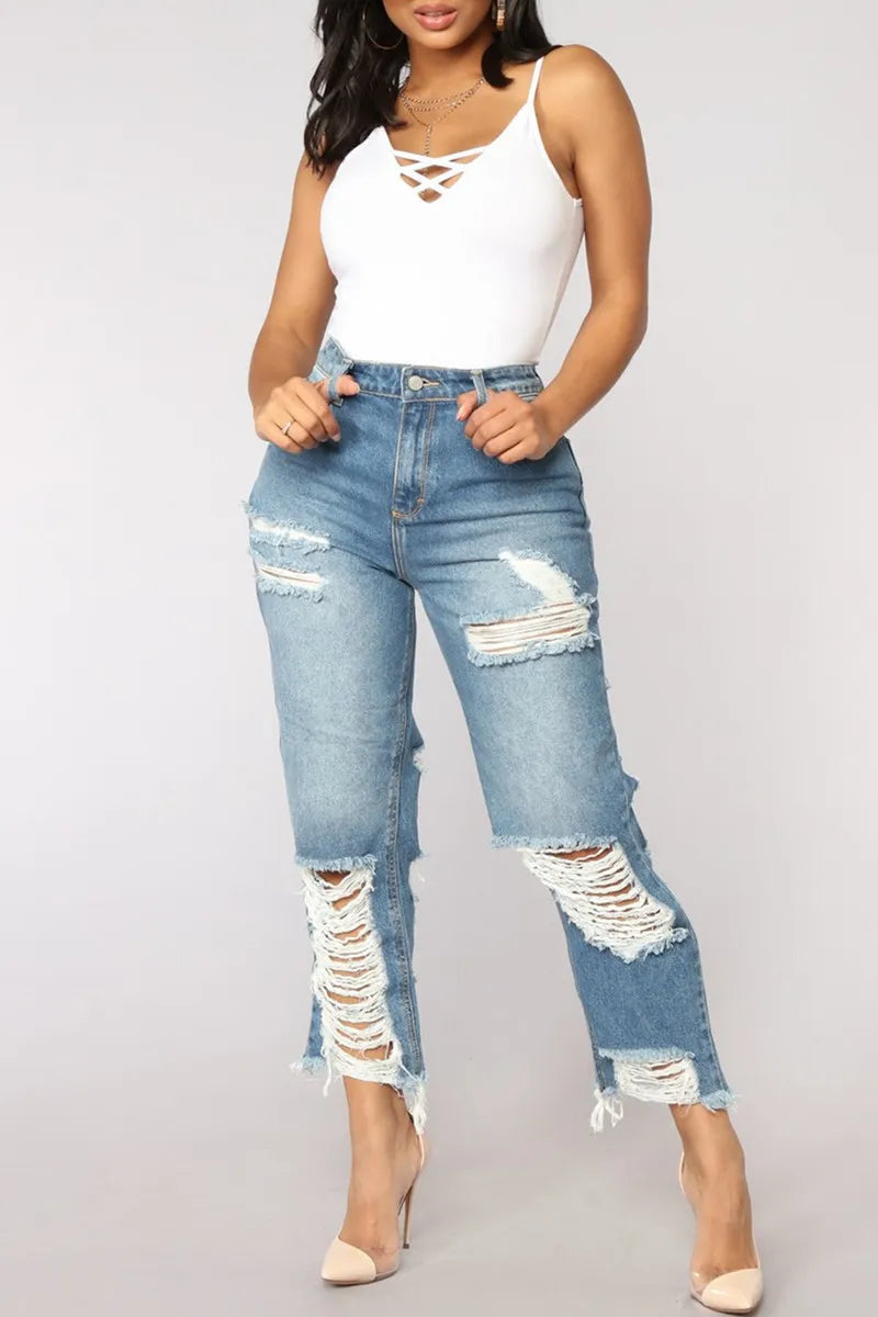 Ripped High Waist Denim Jean