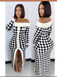 Off the Shoulder Long Split Checkered Dress